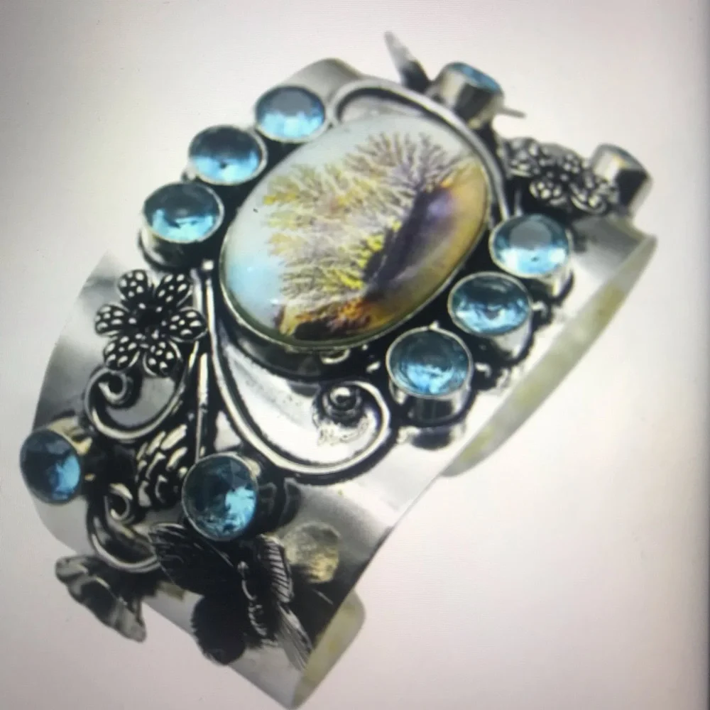 Dendritic Opal Blue Topaz Stamped 925 Sterling Silver Cuff Bracelet